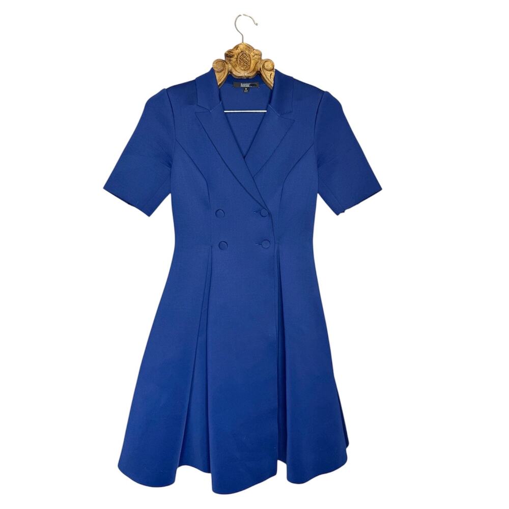 Badgley Mischka Dress Scuba Flare A Line Pleated Tailored Shirt Mid Knee Navy 6
